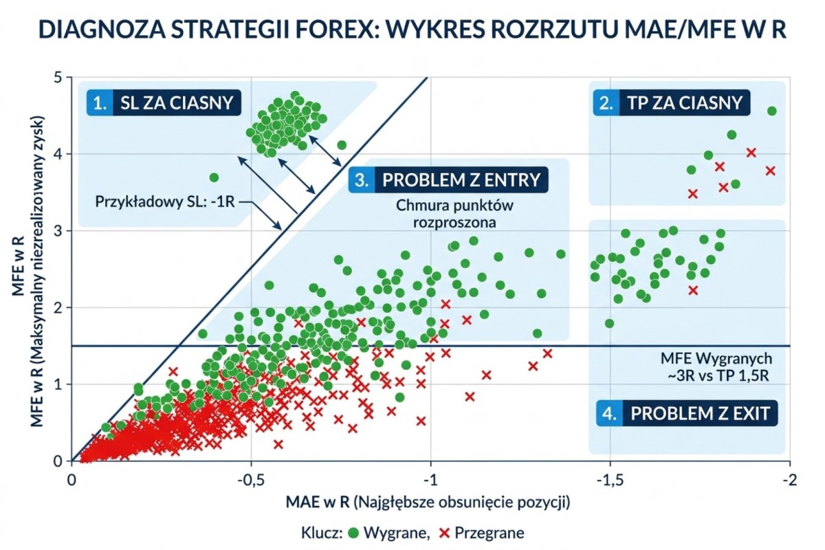 MAE MFE scatter plot diagnozy strategii Forex w screeningu — oś X to MAE w R (najgłębsze obsunięcie pozycji), oś Y to MFE w R (maksymalny niezrealizowany zysk), kolor punktu wygrany przegrany. Cztery strefy diagnostyczne: SL za ciasny gdy wygrane skupione blisko −1R MAE, TP za ciasny gdy MFE pozycji znacznie przekracza realizowany TP, problem z entry gdy chmura punktów rozproszona, problem z exit gdy MFE wygranych średnio 3R przy TP 1,5R. Wizualizacja odpowiada na pytanie czy problem jest w wejściu, w stop lossie czy w realizacji zysku