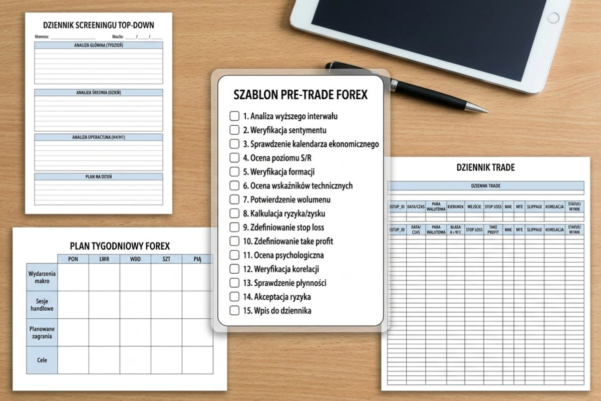 Szablony checklist screeningu Forex — karta laminowana z 15-punktową checklistą pre-trade, formularz top-down screeningu na codzienny dziennik, plan kalendarzowy tygodniowy, operacyjny dziennik trade z 13 kolumnami minimum (setup_id, klasa A+/B/C, MAE, MFE, slippage, korelacja)