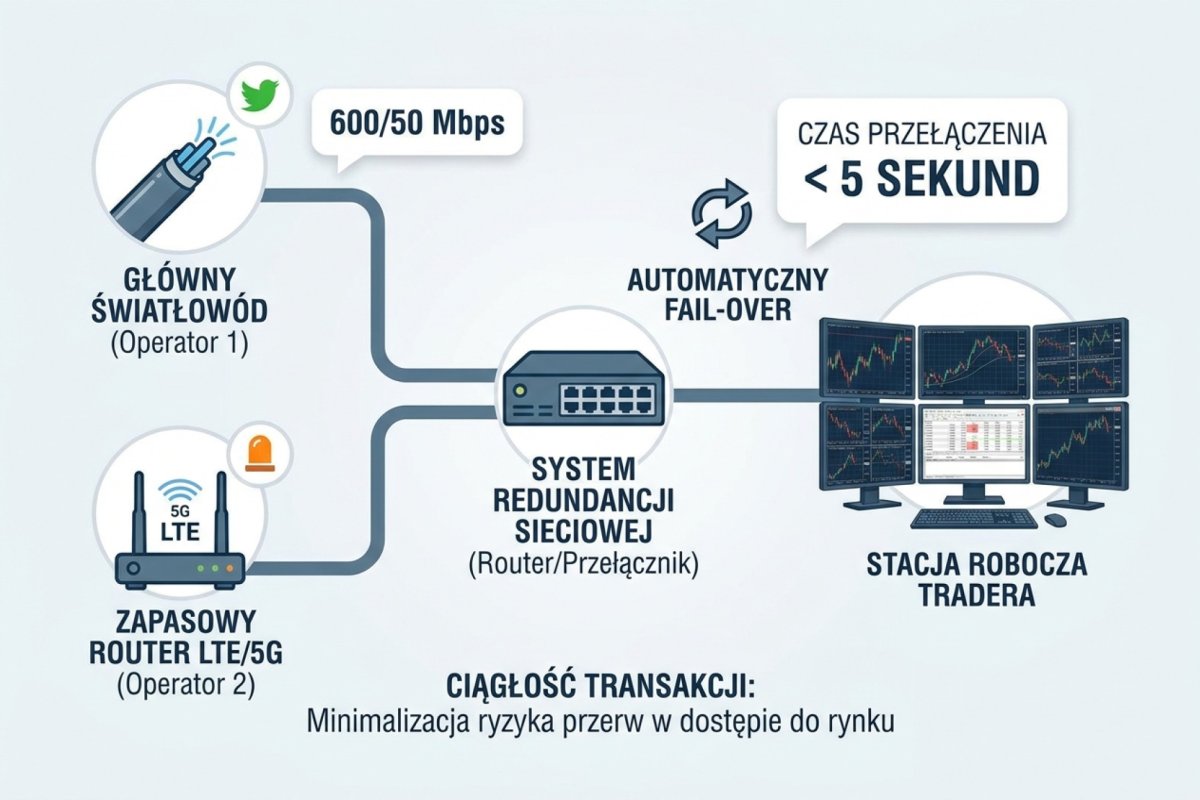 Schemat redundancji internetowej tradera — główny światłowód 600/50 Mbps + zapasowy router LTE/5G z drugiego operatora, automatyczny fail-over w 5 sekund