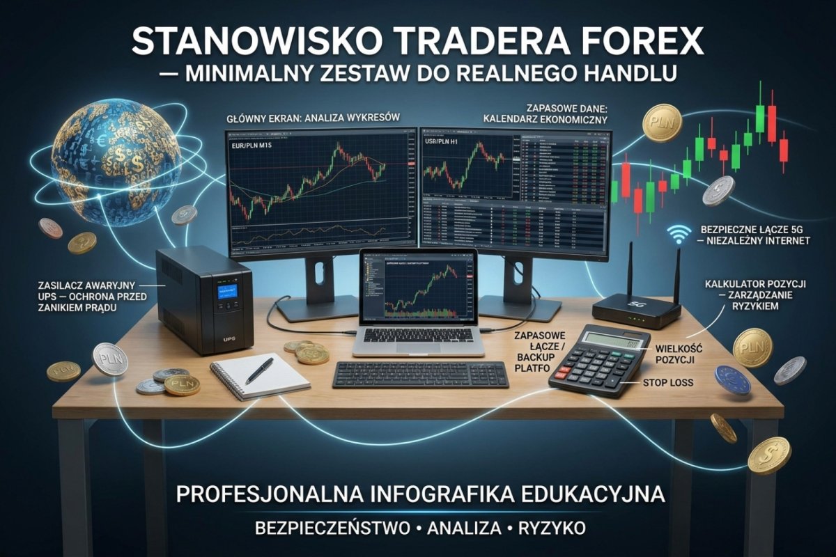 Stanowisko tradera Forex — biurko z dwoma monitorami, laptopem zapasowym, UPS-em, routerem 5G i kalkulatorem pozycji, czyli minimalny zestaw do realnego handlu