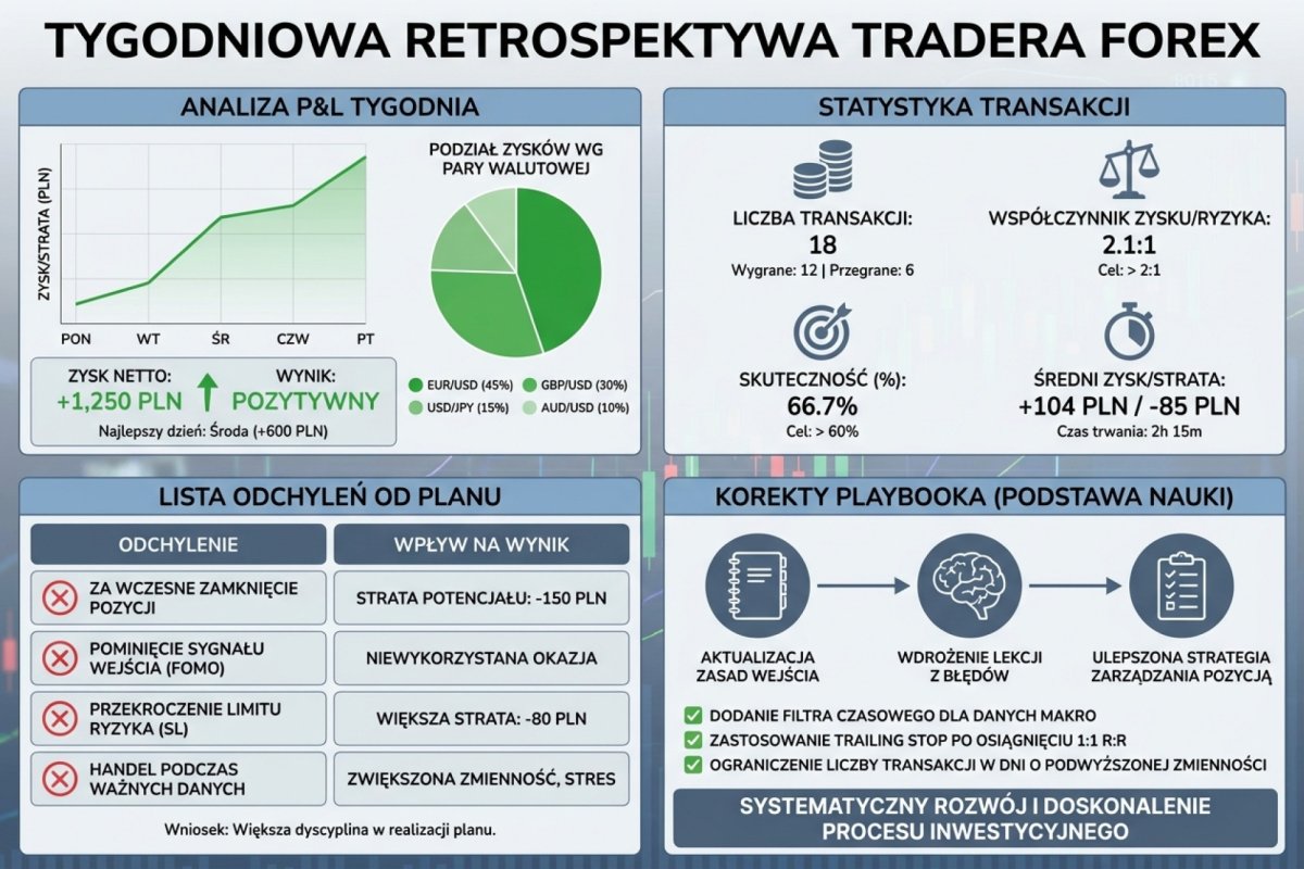 Tygodniowa retrospektywa tradera Forex — analiza P&L tygodnia, statystyka transakcji, lista odchyleń od planu i korekty playbooka jako podstawa nauki z systemu