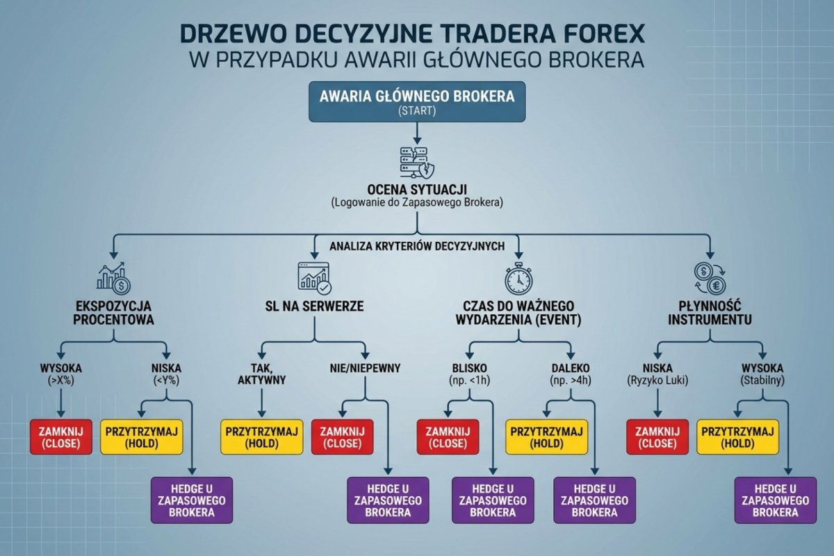 Drzewo decyzyjne tradera Forex w przypadku awarii głównego brokera — kryteria close, hold, hedge u zapasowego brokera w zależności od ekspozycji procentowej, SL na serwerze, czasu do eventu i płynności instrumentu