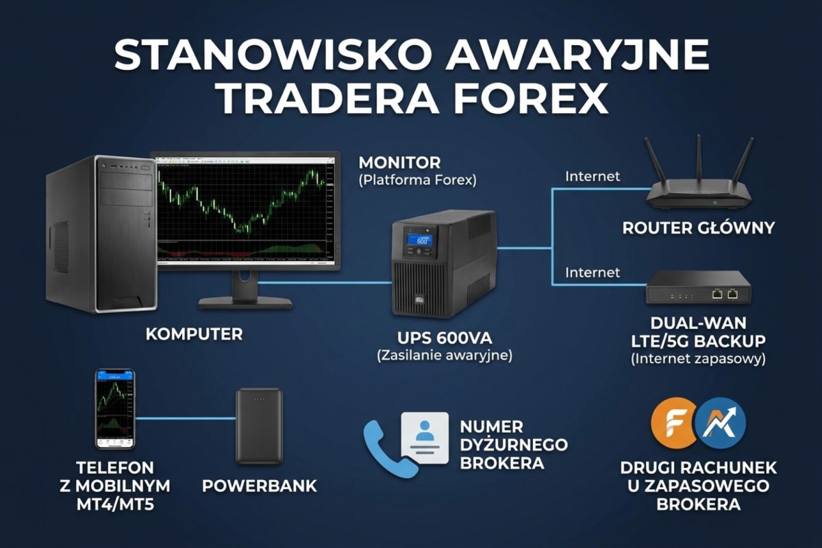 Schemat stanowiska awaryjnego tradera Forex — komputer, monitor, UPS 600VA, router główny, dual-WAN LTE/5G backup, telefon z mobilnym MT4/MT5, powerbank, numer dyżurnego brokera, drugi rachunek u zapasowego brokera