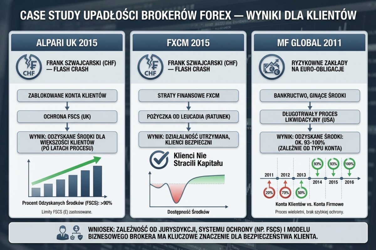 Case studies upadłości brokerów — Alpari UK 2015, FXCM 2015, MF Global 2011 z wynikami dla klientów