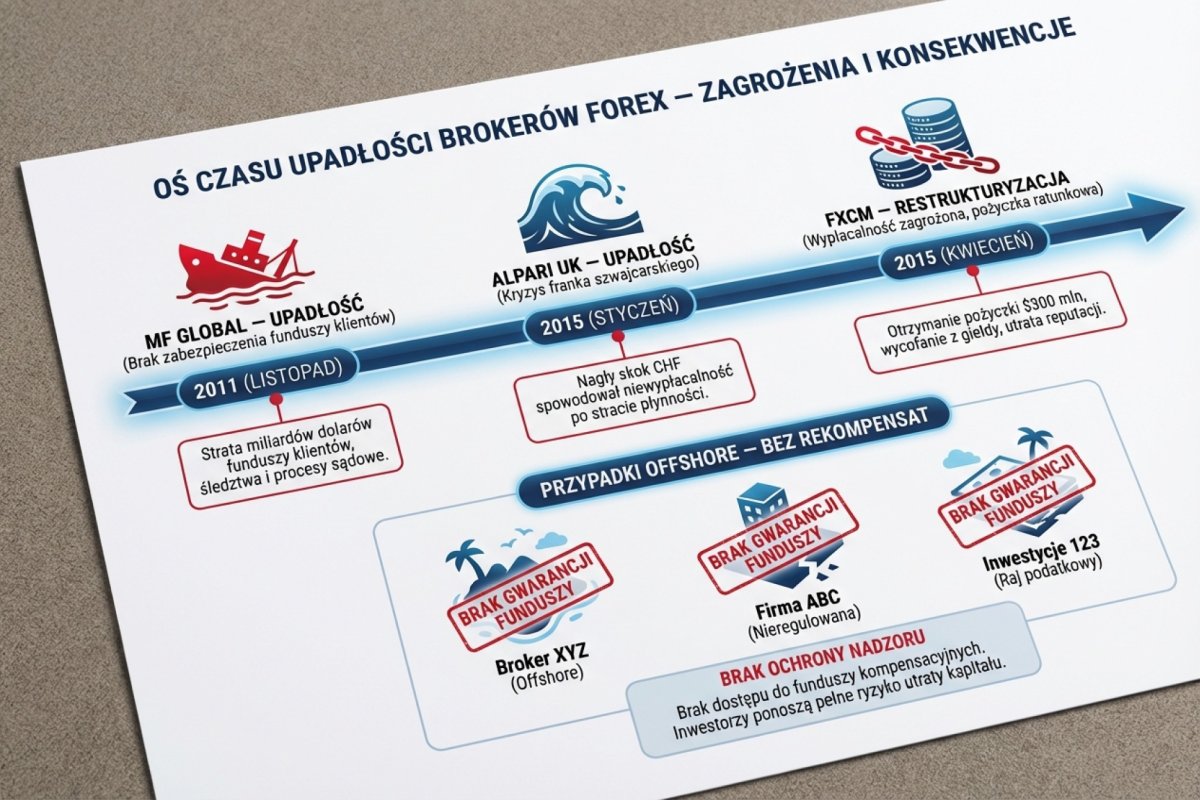 Oś czasu upadłości brokerów Forex — MF Global 2011, Alpari UK 2015, FXCM 2015, przypadki offshore bez rekompensat