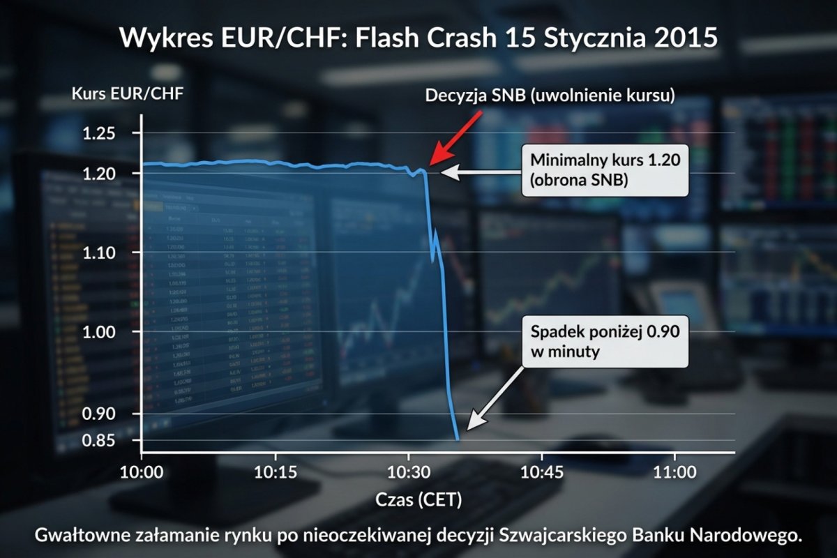 Wykres EUR/CHF z 15 stycznia 2015 — flash crash po decyzji SNB, spadek z 1.20 do poniżej 0.90 w minuty