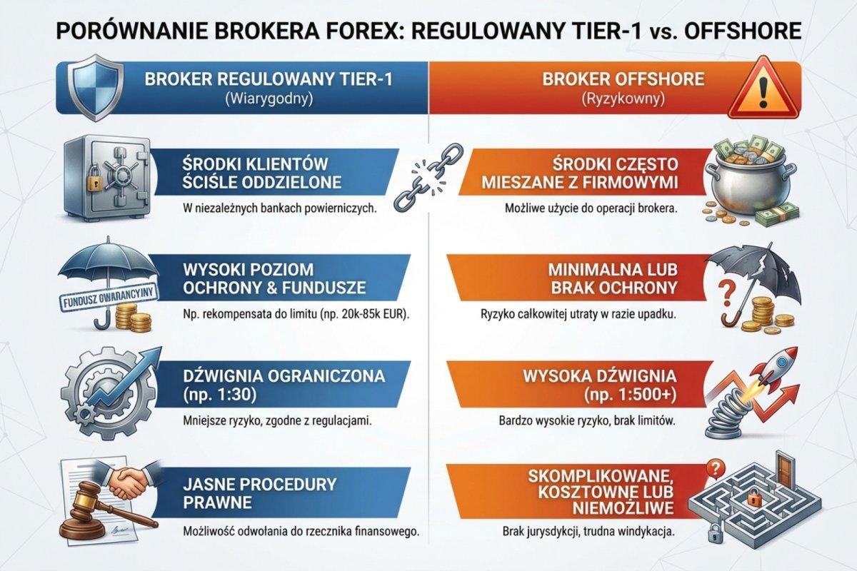 Porównanie brokera regulowanego tier-1 vs offshore — segregacja, ochrona, dźwignia, dochodzenie roszczeń