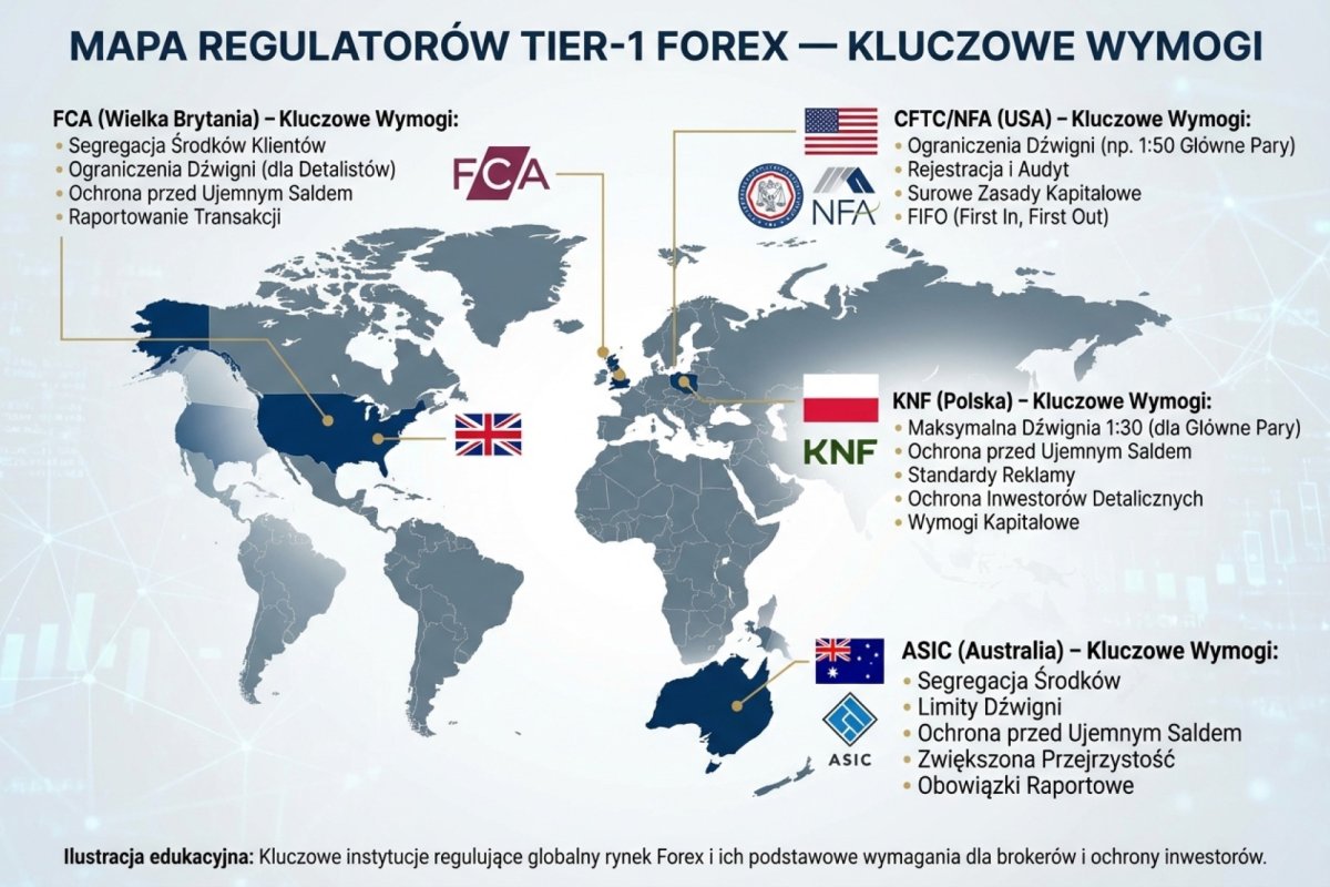 Mapa regulatorów tier-1 Forex — FCA (Wielka Brytania), ASIC (Australia), KNF (Polska), CFTC/NFA (USA) z kluczowymi wymogami