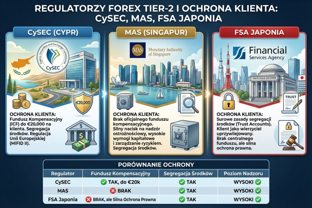 Regulatorzy tier-2 Forex — CySEC (Cypr), MAS (Singapur), FSA Japonia z porównaniem ochrony klienta