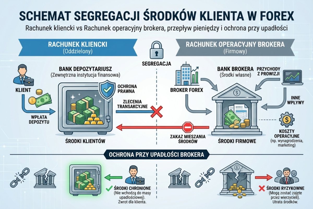 Schemat segregacji środków klienta — rachunek kliencki vs rachunek operacyjny brokera, przepływ pieniędzy i ochrona przy upadłości