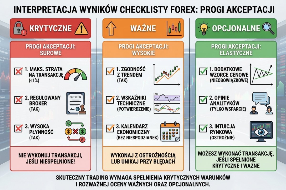 Interpretacja wyników checklisty — kategorie krytyczne, ważne i opcjonalne z progami akceptacji