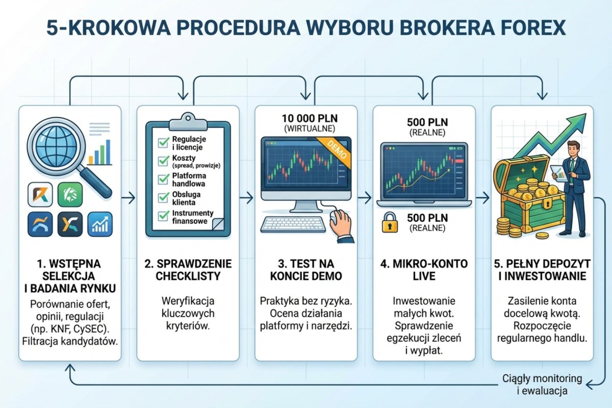 Procedura wyboru brokera w 5 krokach — od selekcji przez checklistę i demo do mikro-live i pełnego depozytu