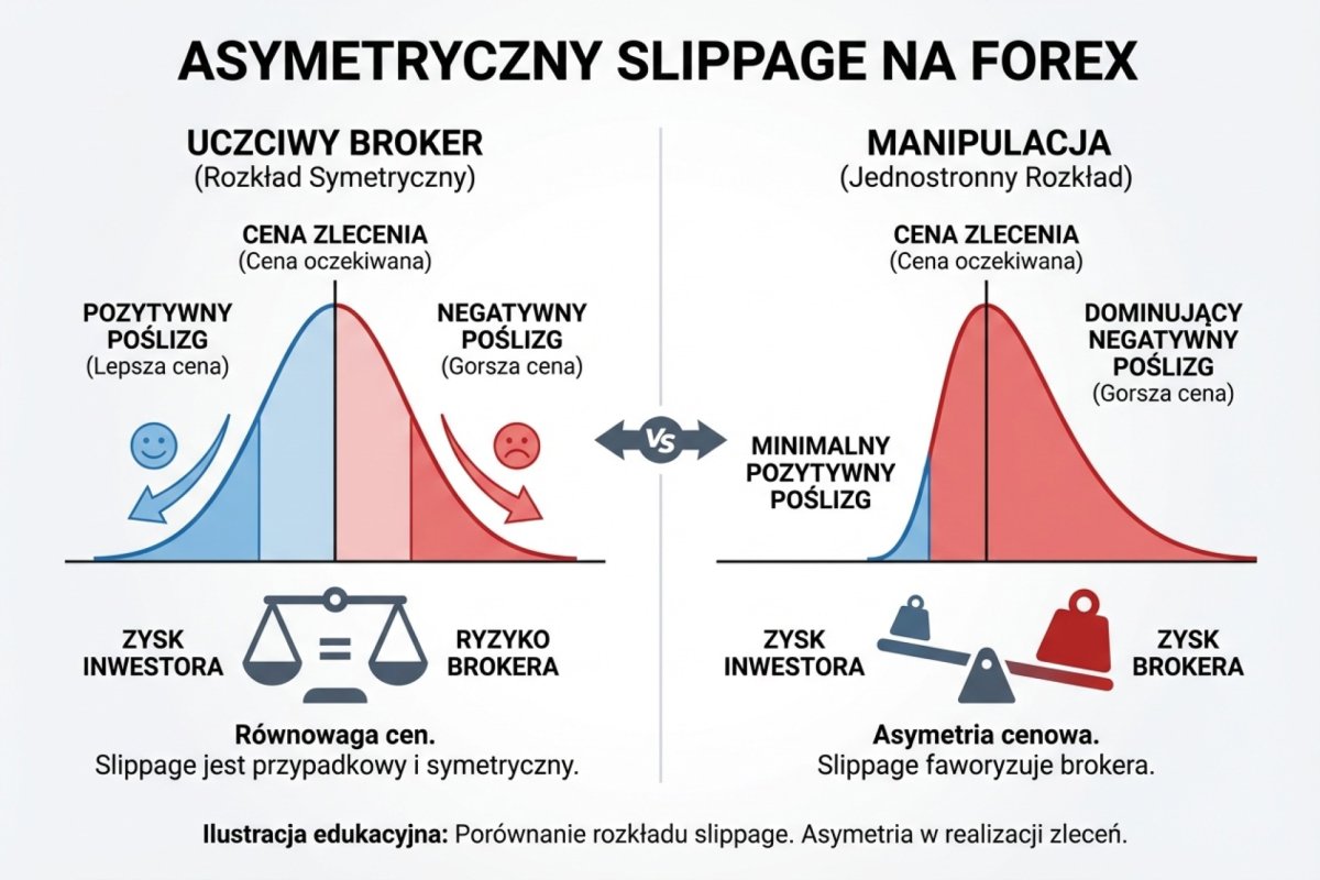 Asymetryczny slippage — rozkład symetryczny (uczciwy broker) vs jednostronny (manipulacja)