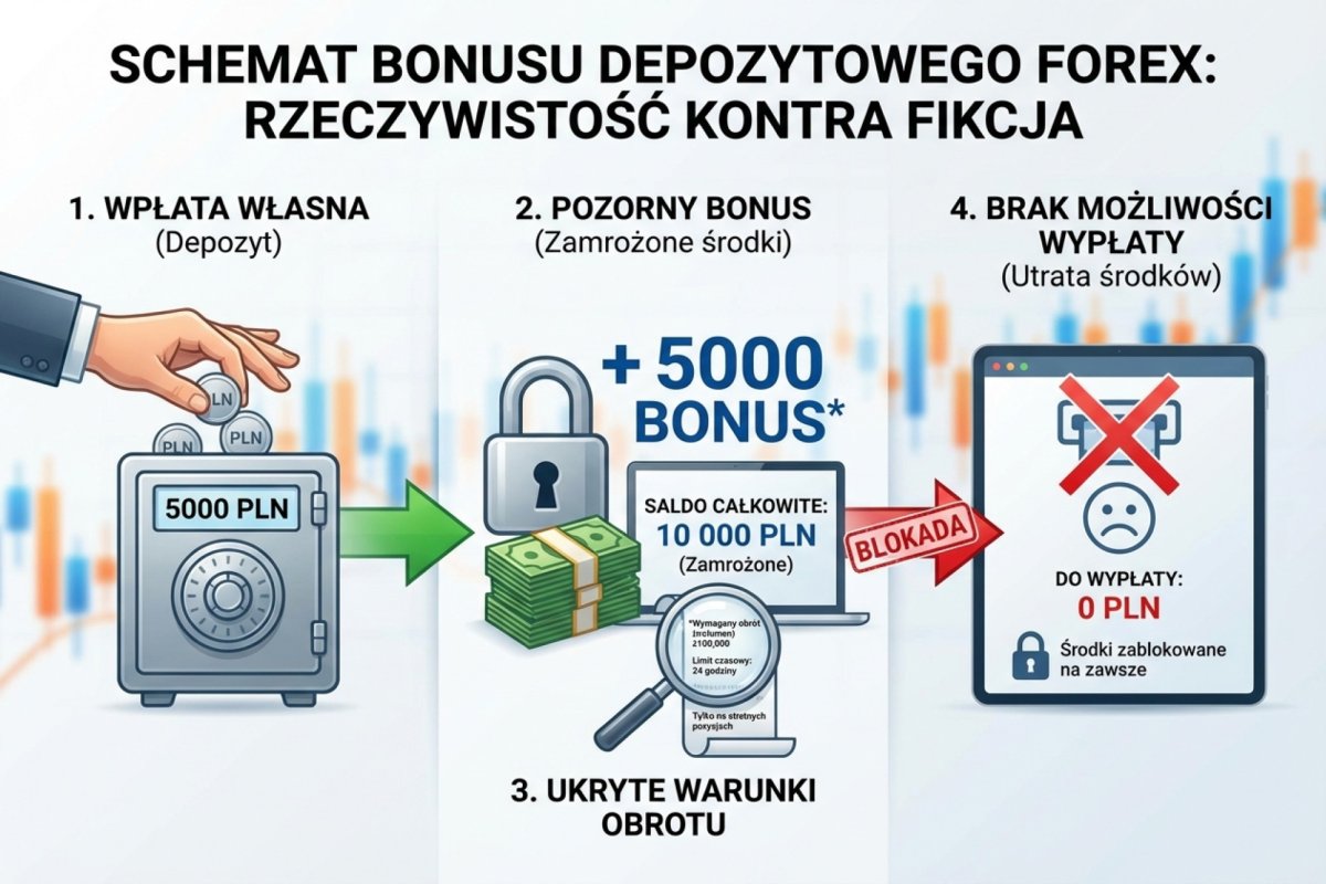Schemat bonusu depozytowego — wpłata, pozorny bonus, warunki obrotu niemożliwe do spełnienia