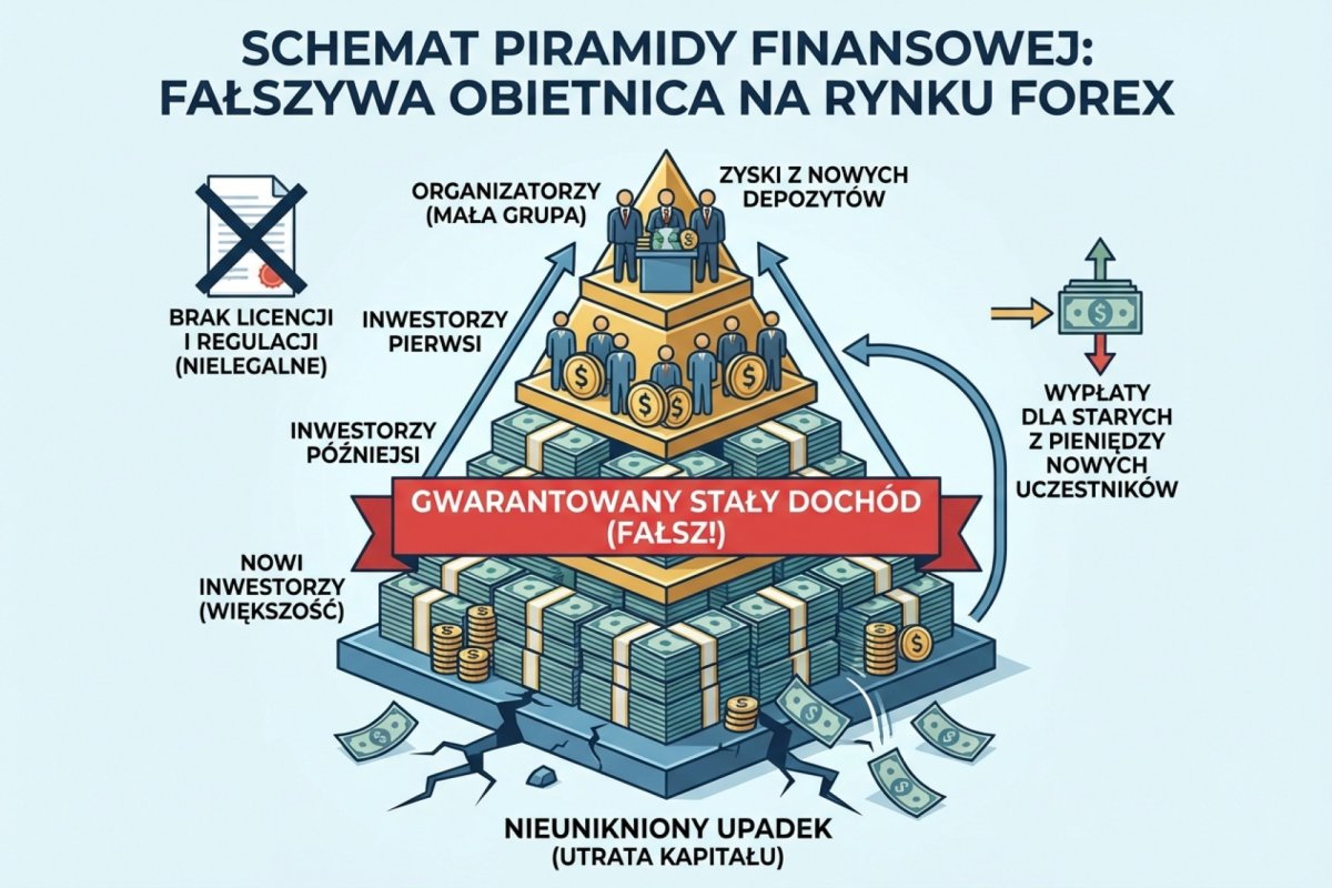 Schemat piramidy — obietnica stałego dochodu, brak licencji, zyski z nowych depozytów