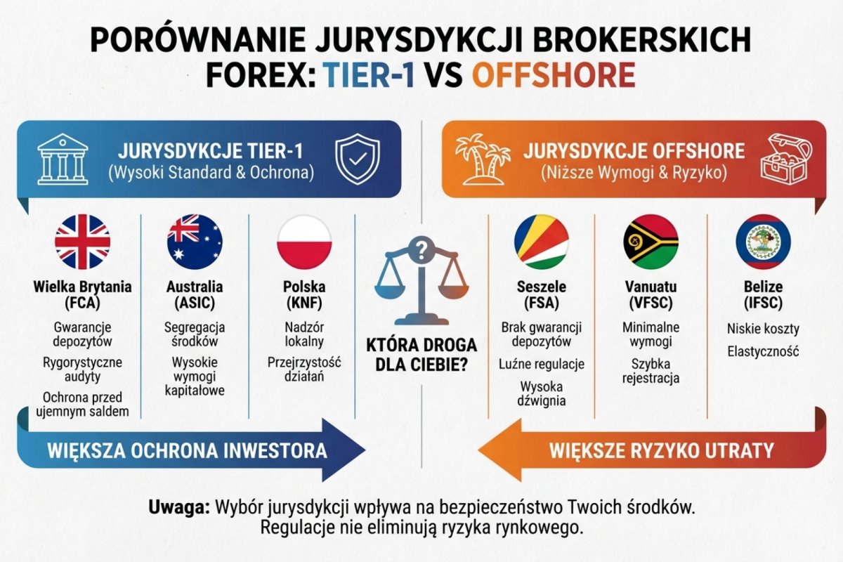 Porównanie jurysdykcji brokerskich — tier-1 (FCA, ASIC, KNF) vs offshore (Seszele, Vanuatu, Belize)