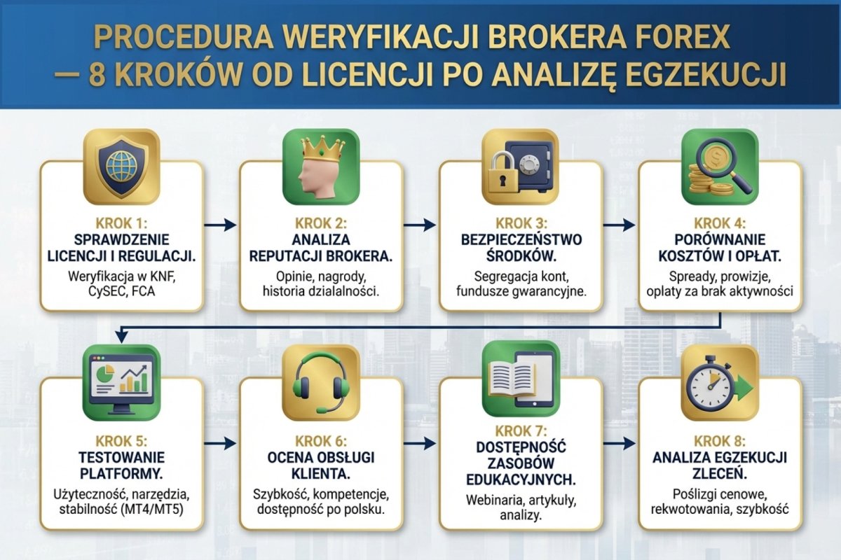 Procedura weryfikacji brokera Forex — 8 kroków od licencji po analizę egzekucji