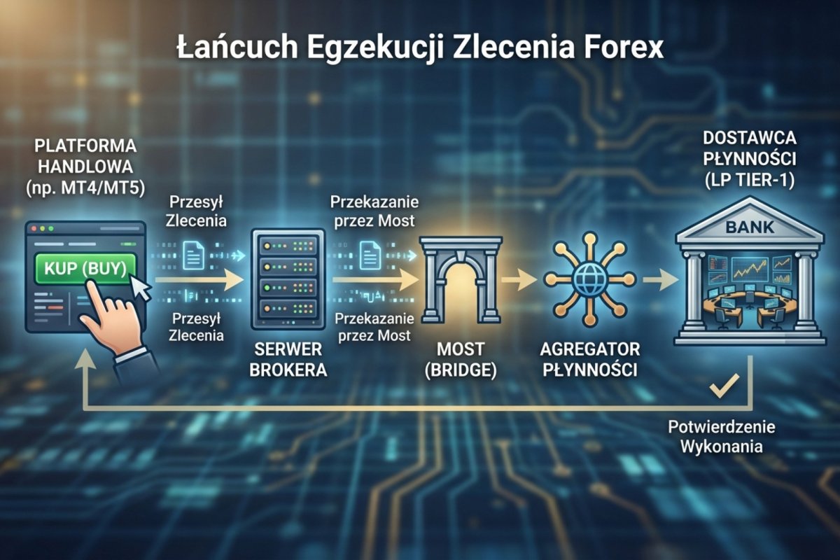 Łańcuch egzekucji zlecenia Forex — od kliknięcia Buy przez platformę, serwer, bridge, agregator do LP tier-1