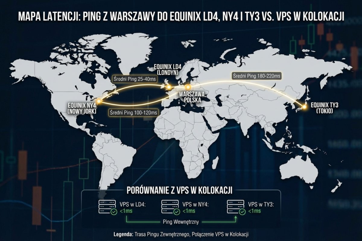 Mapa latencji — ping z Warszawy do Equinix LD4, NY4 i TY3 vs VPS w kolokacji