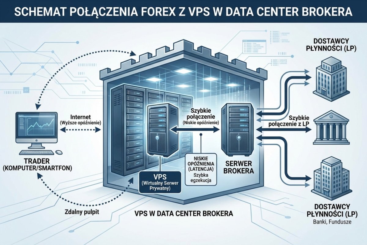 VPS w data center brokera — schemat połączenia tradera z serwerem i LP przez VPS