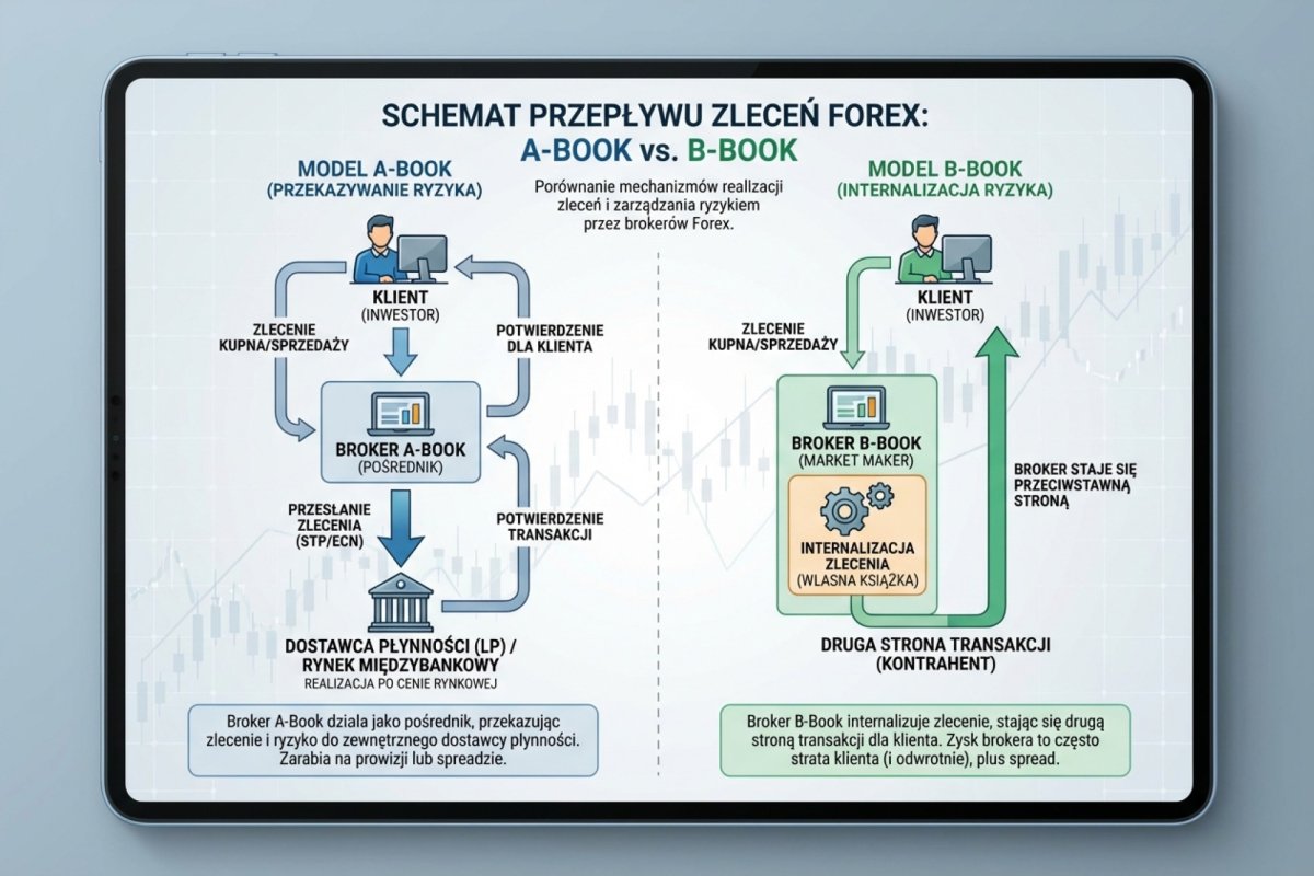 Schemat przepływu zleceń: A-Book broker przesyła zlecenie do LP, B-Book broker internalizuje zlecenie i staje po drugiej stronie transakcji klienta