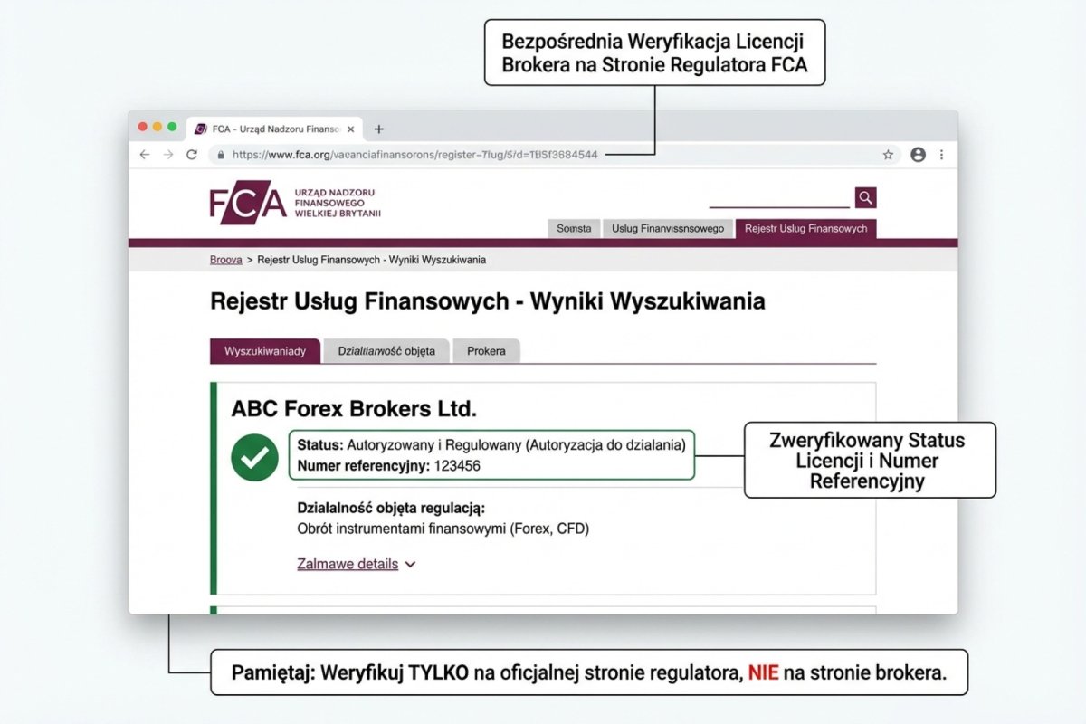 Zrzut ekranu rejestru FCA — weryfikacja licencji brokera Forex bezpośrednio na stronie regulatora, nie na stronie brokera