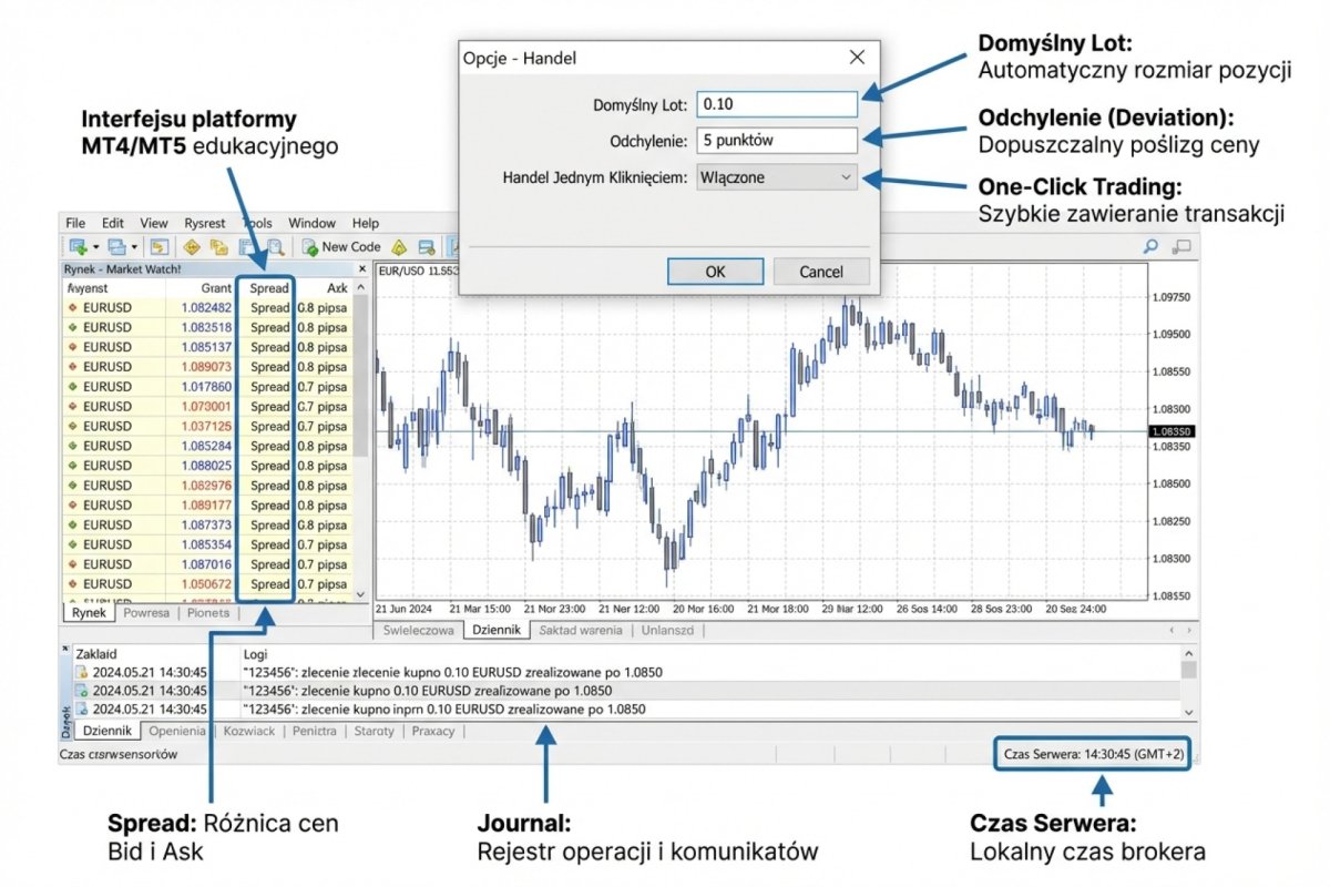 Konfiguracja MT4/MT5 — domyślny lot, one-click trading, deviation, spread, journal, server time