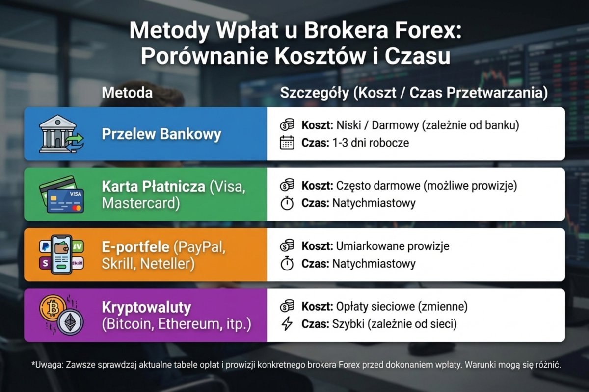 Metody wpłat u brokera Forex — przelew, karta, e-portfele, kryptowaluty z kosztami i czasem
