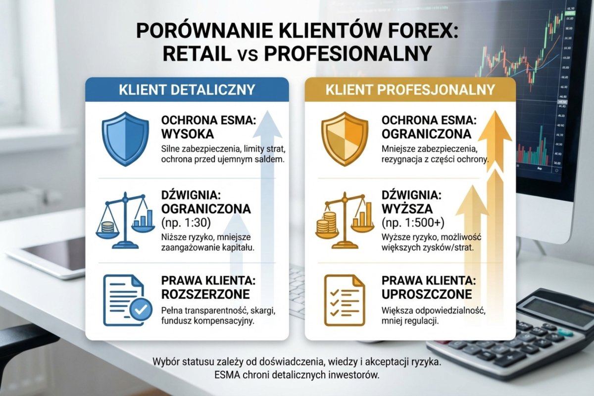 Retail vs Professional Client — porównanie ochrony ESMA, dźwigni i praw klienta