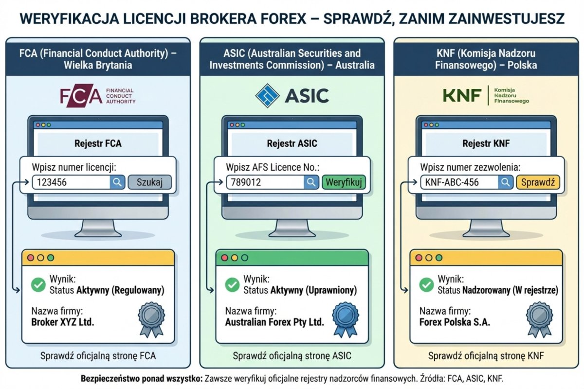 Weryfikacja licencji brokera Forex — wyszukiwanie numeru licencji w rejestrze FCA, ASIC i KNF