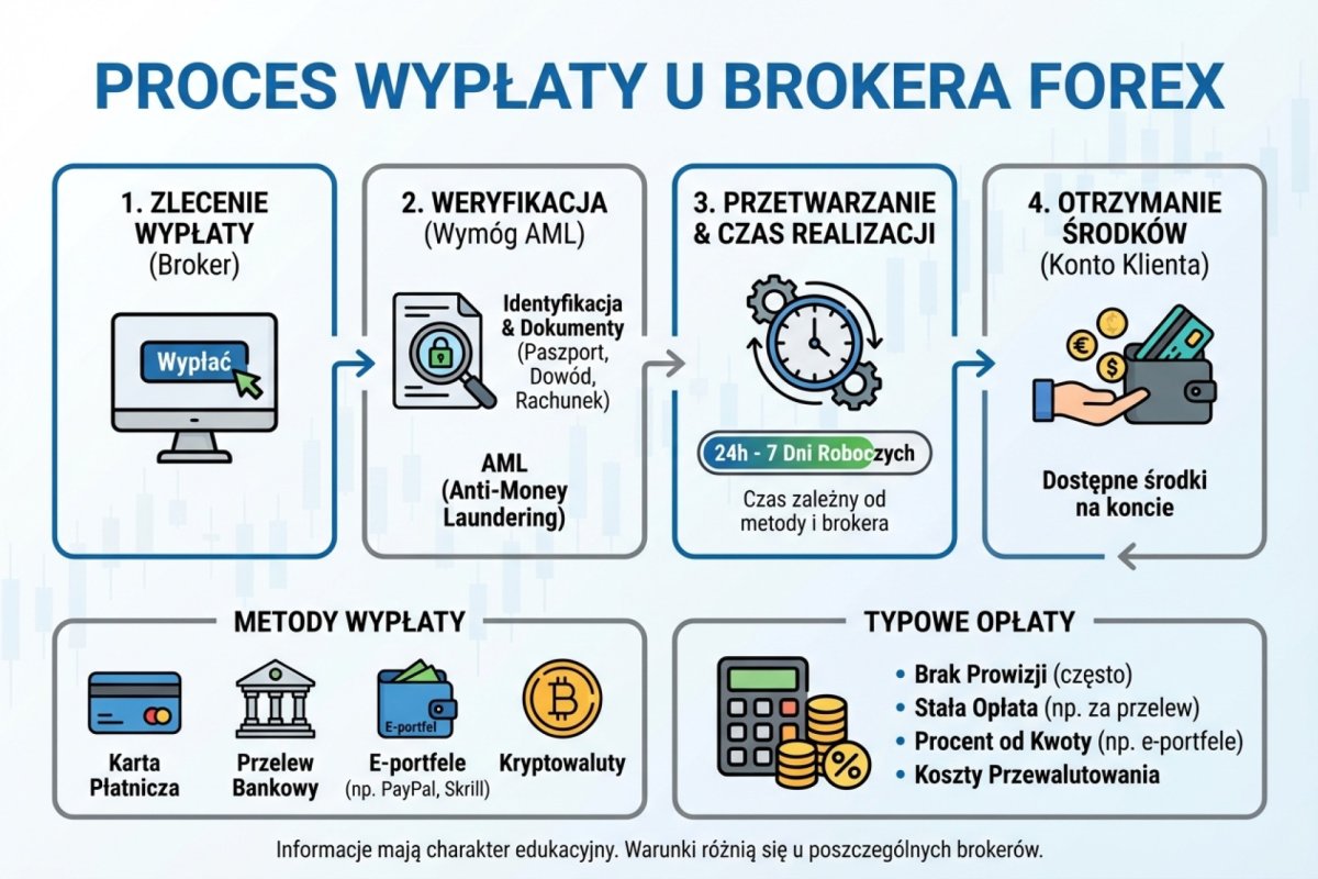 Proces wypłaty u brokera Forex — czas, metody, wymóg AML i typowe opłaty