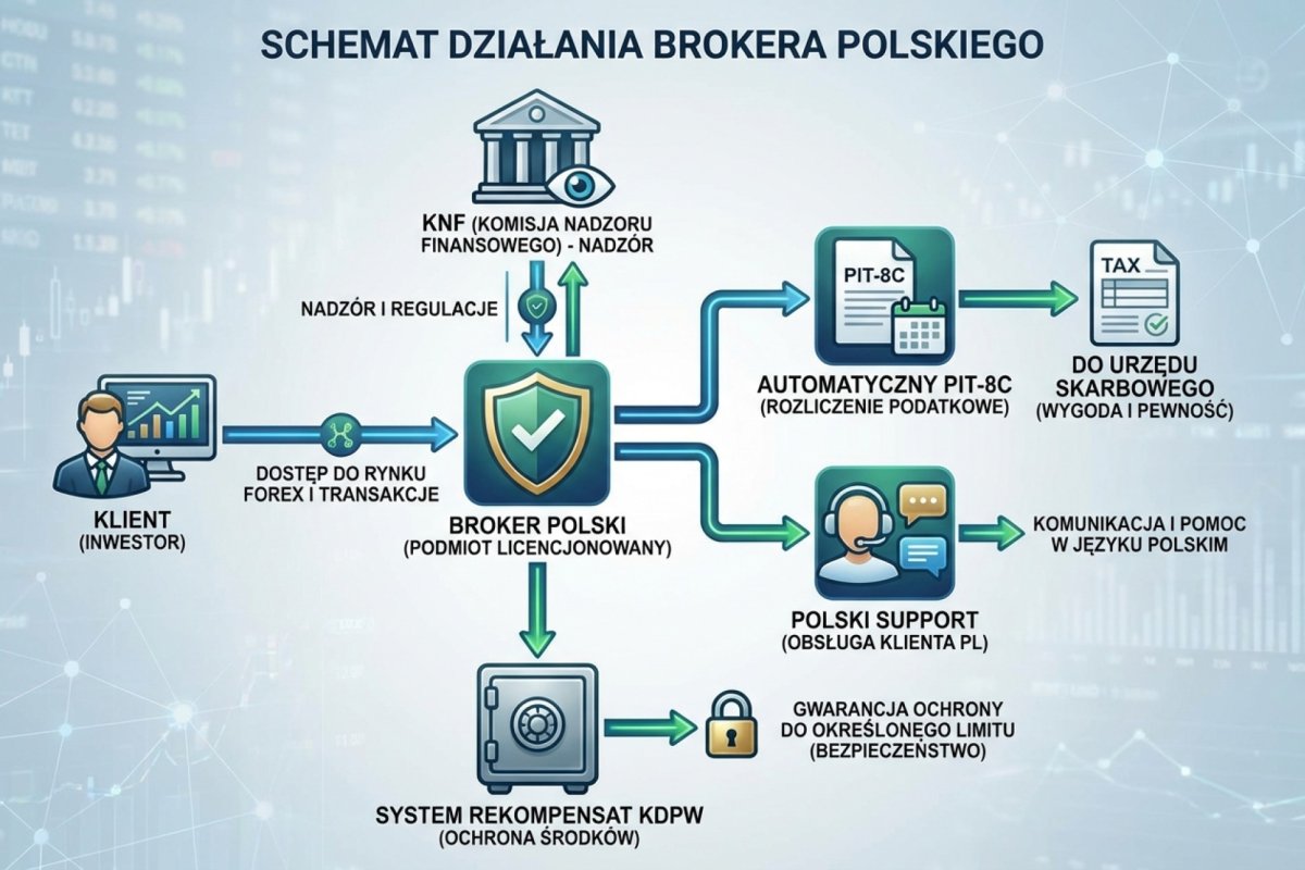 Schemat działania brokera polskiego — KNF nadzoruje, PIT-8C automatycznie, polski support, system rekompensat KDPW