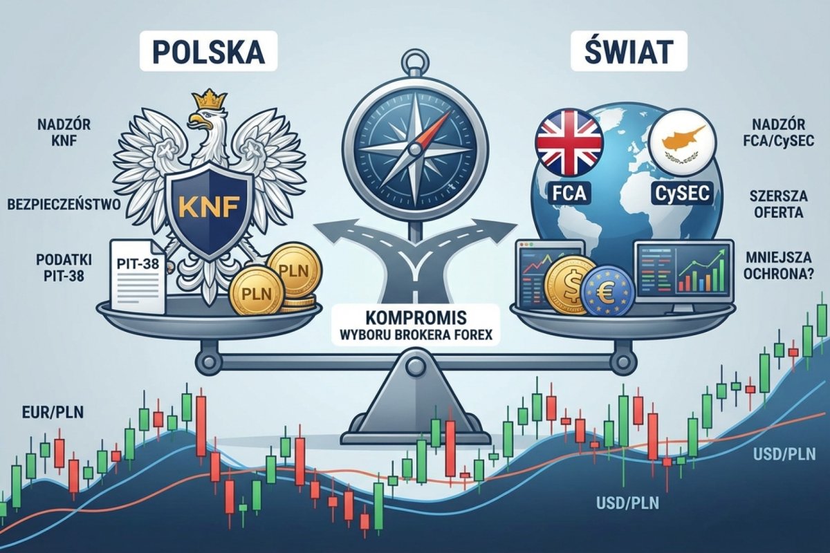 Broker polski vs zagraniczny — nadzór KNF, podatki PIT-38, FCA, CySEC i kompromisy wyboru brokera Forex