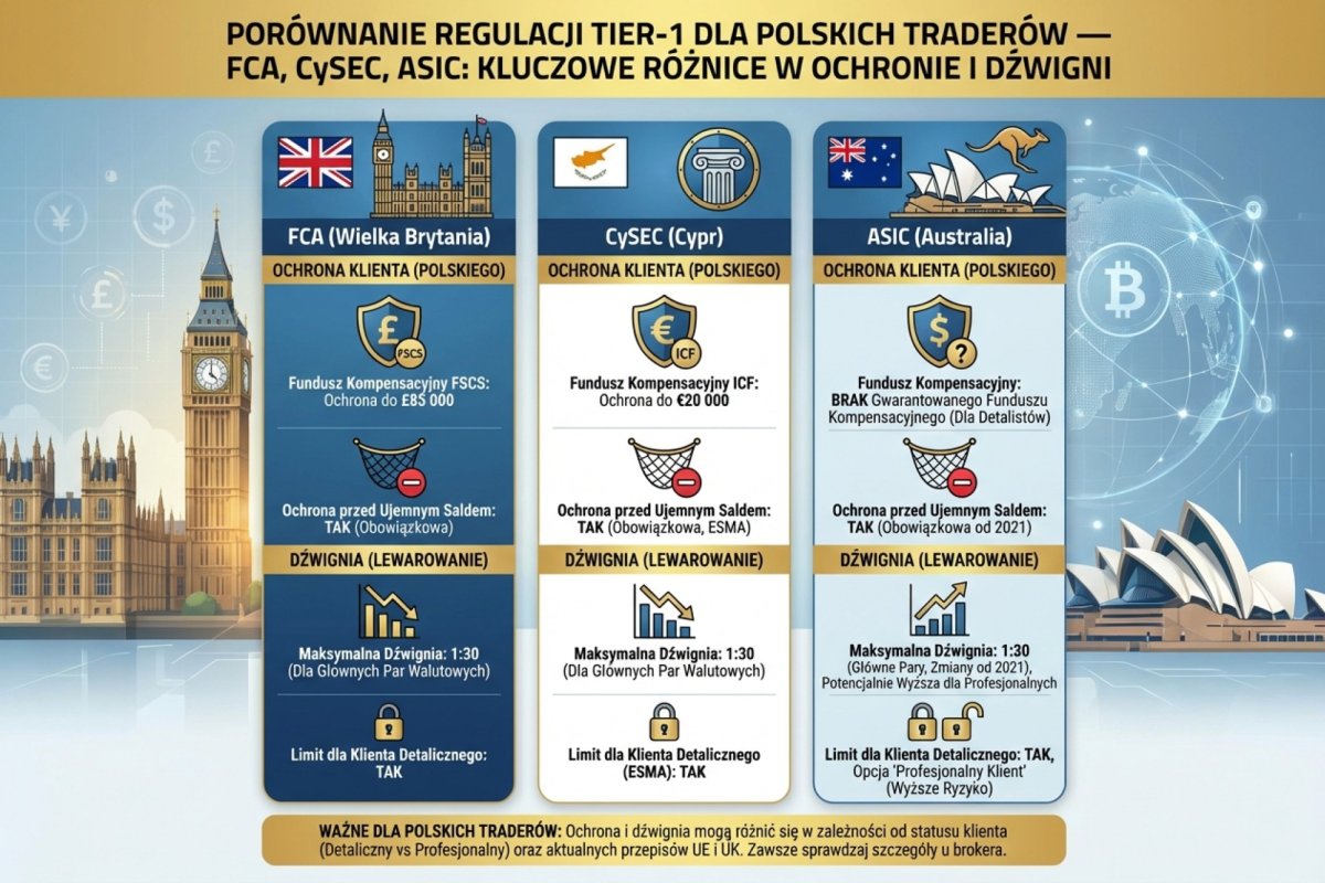 Porównanie regulacji tier-1 dla polskich traderów — FCA, CySEC, ASIC z kluczowymi różnicami w ochronie i dźwigni