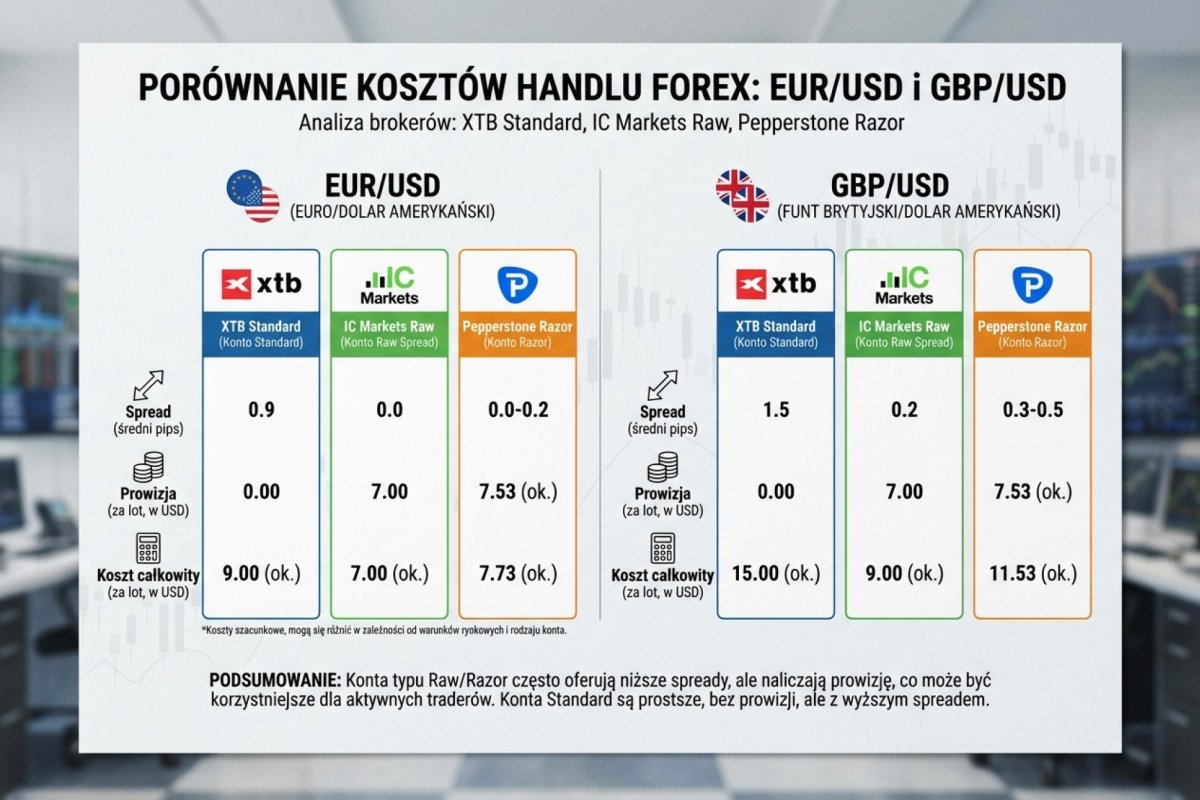 Porównanie kosztów handlu EUR/USD i GBP/USD — XTB Standard vs IC Markets Raw vs Pepperstone Razor