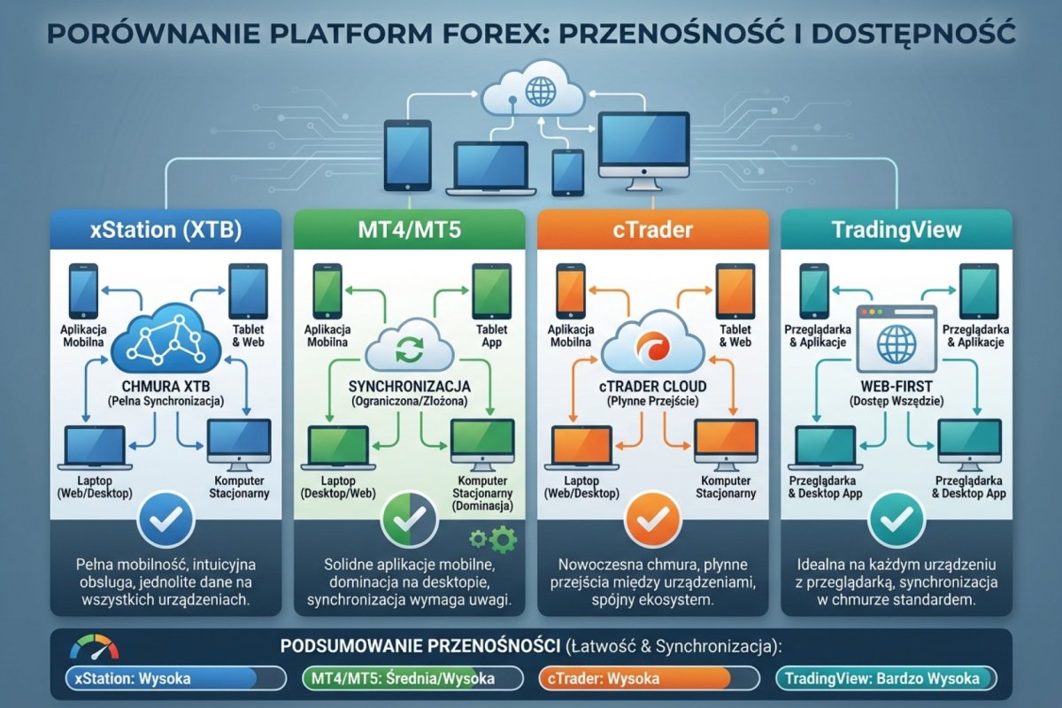 Porównanie platform tradingowych — xStation (XTB), MT4/MT5, cTrader, TradingView z punktu widzenia przenośności