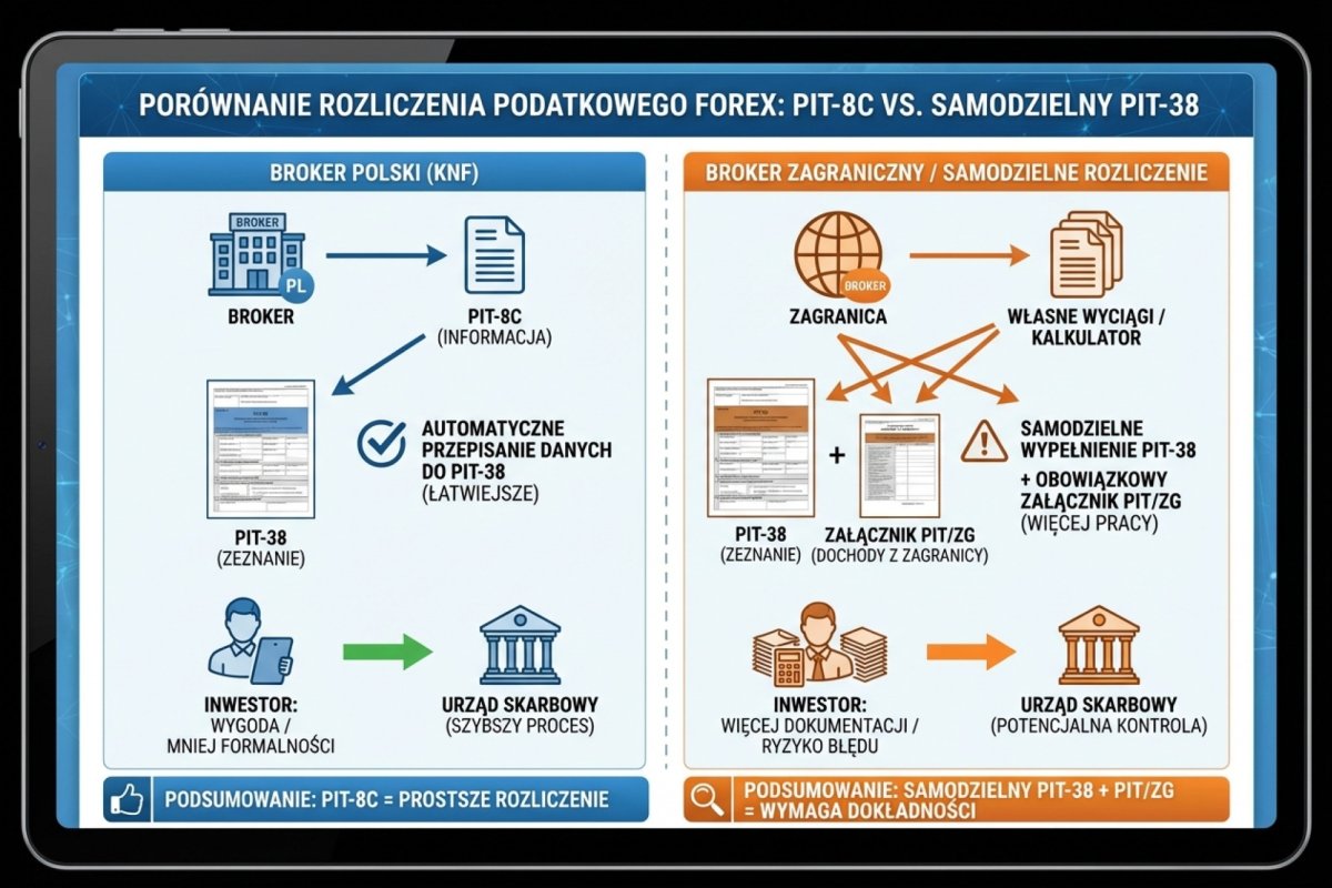 Porównanie rozliczenia podatkowego — PIT-8C od brokera polskiego vs samodzielny PIT-38 z załącznikiem PIT/ZG