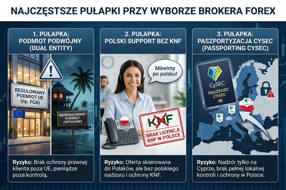 Najczęstsze pułapki przy wyborze brokera — dual entity, polski support bez KNF, passporting CySEC