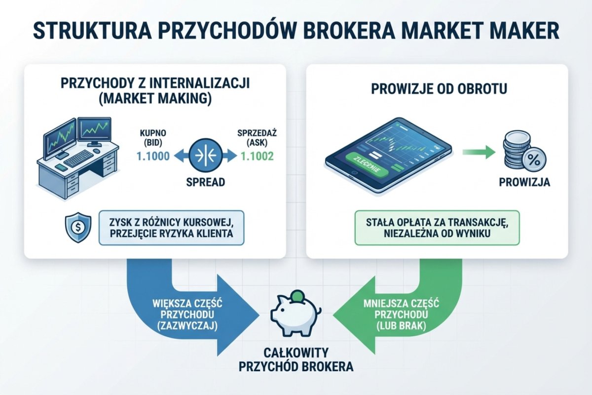 Struktura przychodów brokera market maker — przychody z internalizacji (market making) vs prowizje od obrotu
