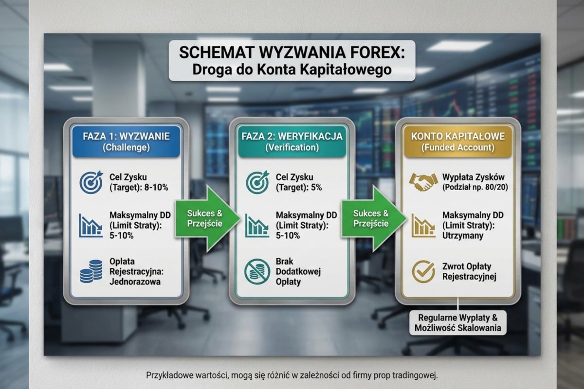 Schemat challenge — Phase 1, Phase 2, Funded Account z targetami, limitem DD i opłatami