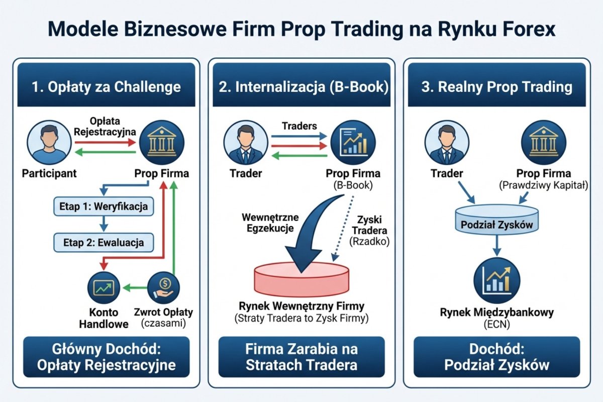 Trzy modele biznesowe prop firm — opłaty za challenge, internalizacja B-Book, realny prop trading