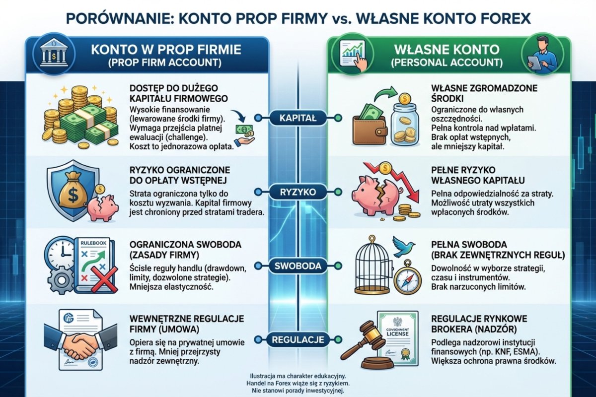 Porównanie prop firmy z własnym kontem — kapitał, ryzyko, swoboda, regulacje