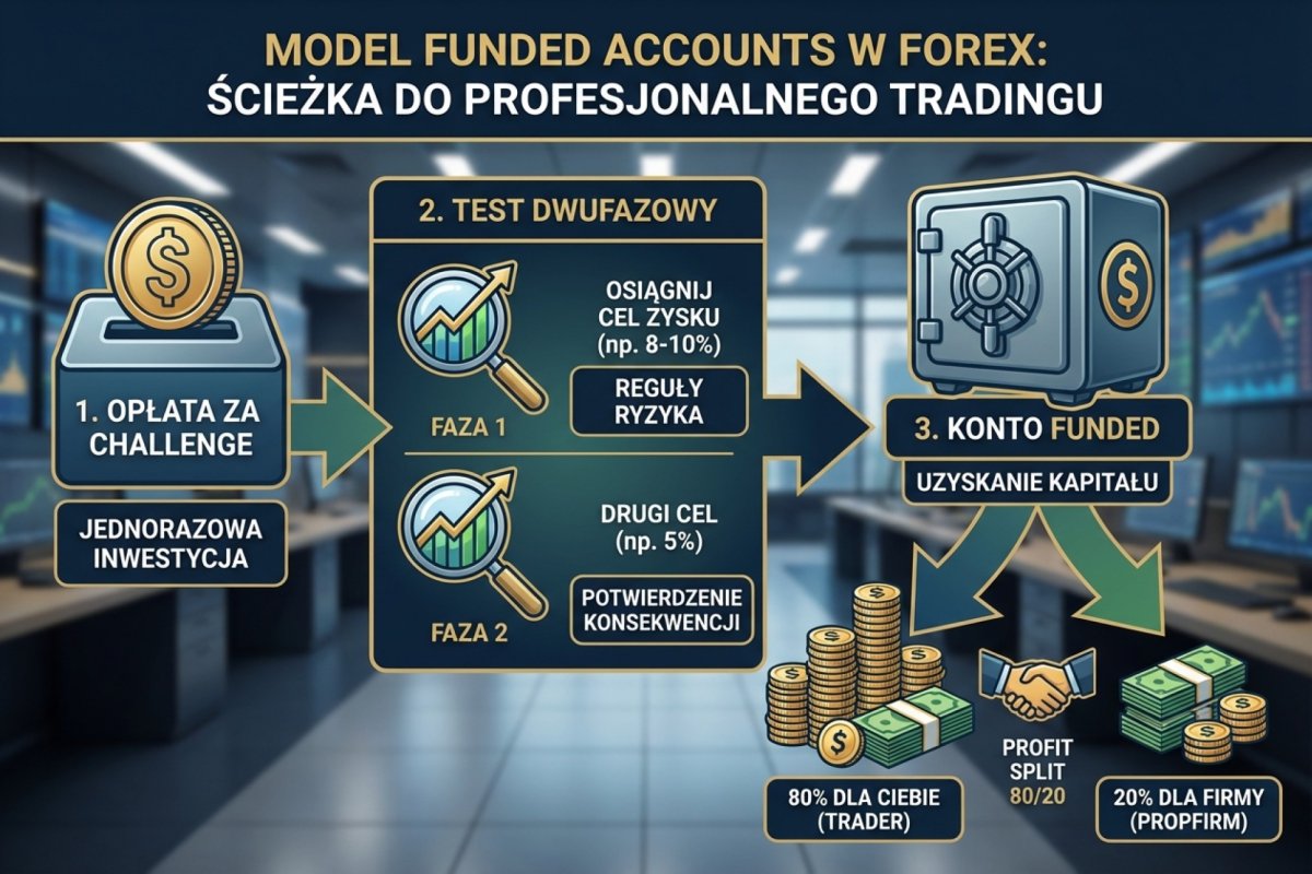 Model funded accounts — opłata za challenge, test dwufazowy, konto funded z profit splitem 80/20