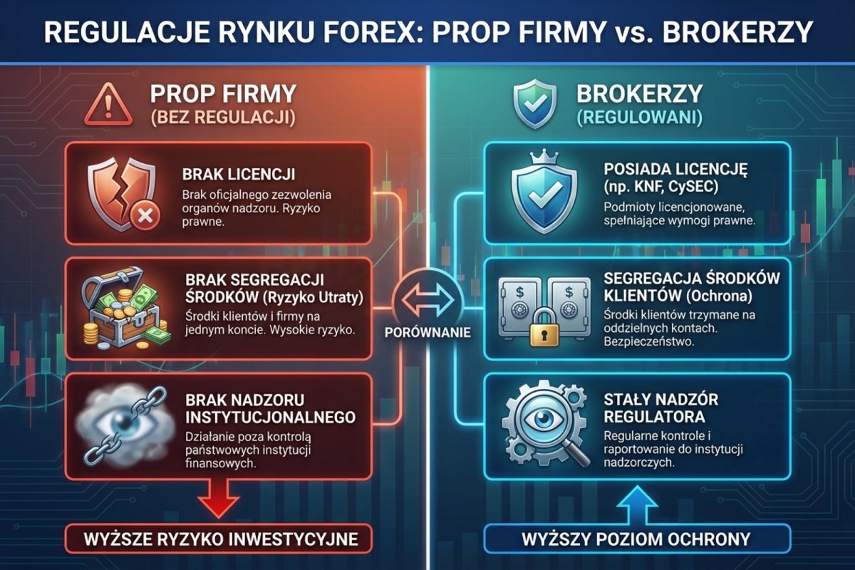 Regulacje prop firm vs brokerów — brak licencji, brak segregacji środków, brak nadzoru