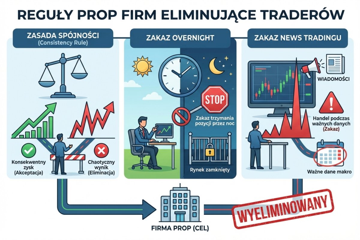 Reguły prop firm, które eliminują traderów — consistency rule, zakaz overnight, zakaz news tradingu