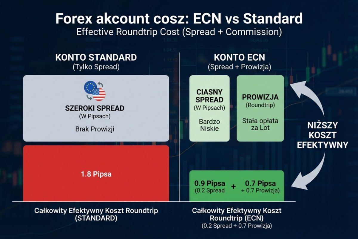 Porównanie kosztów konta ECN vs Standard — spread plus prowizja jako efektywny koszt roundtrip