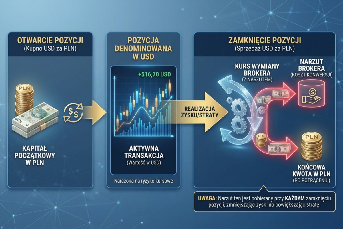 Koszt konwersji walut na koncie PLN — narzut brokera przy każdym zamknięciu pozycji denominowanej w USD
