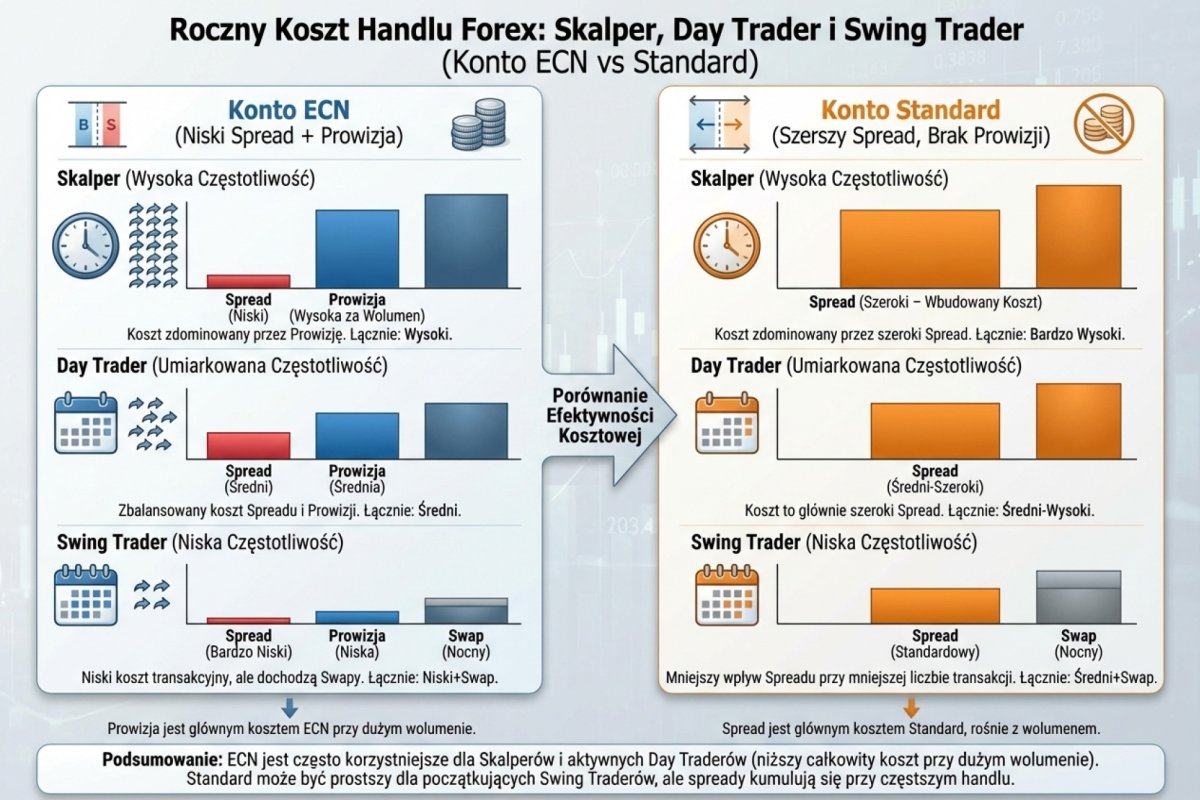 Roczny koszt handlu Forex — scalper, day trader i swing trader na koncie ECN vs Standard