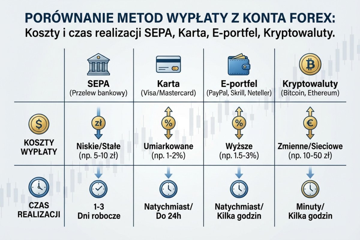 Porównanie metod wypłaty z konta brokerskiego — koszty i czas realizacji SEPA, karta, e-portfel, kryptowaluty