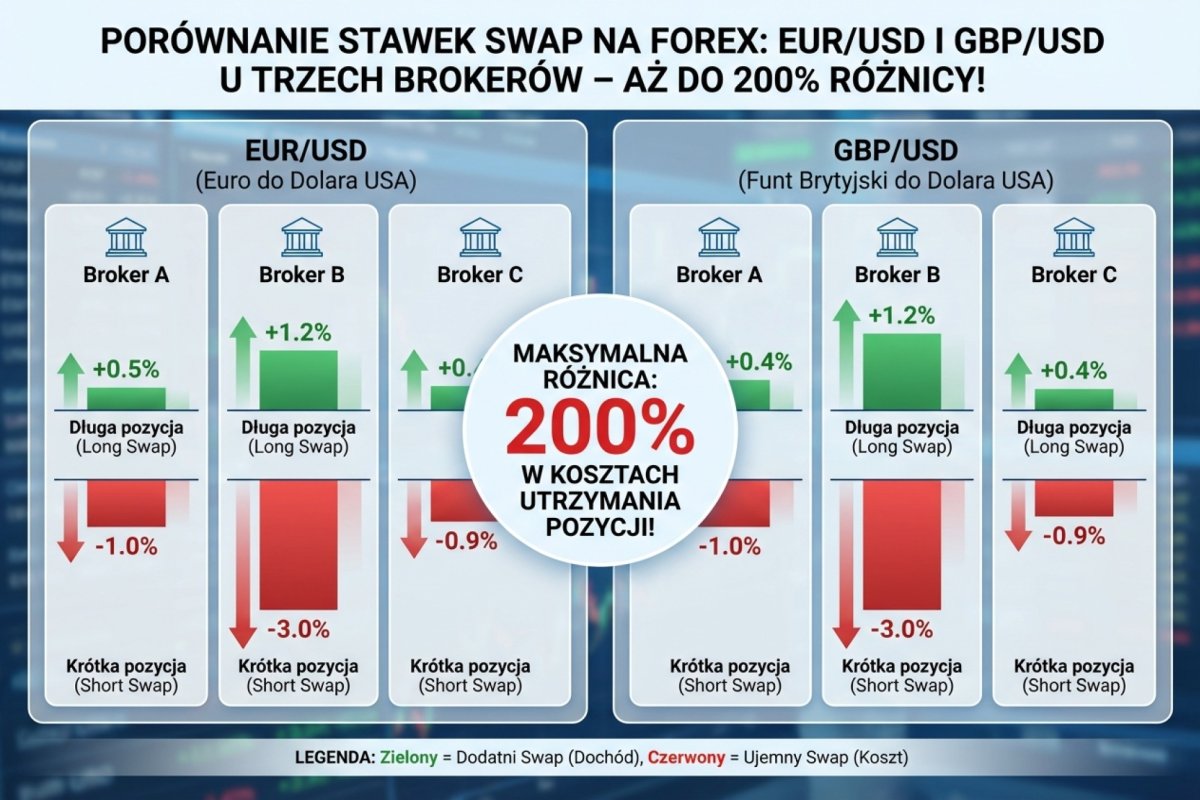 Porównanie stawek swap u trzech brokerów na EUR/USD i GBP/USD — różnice sięgające 200%